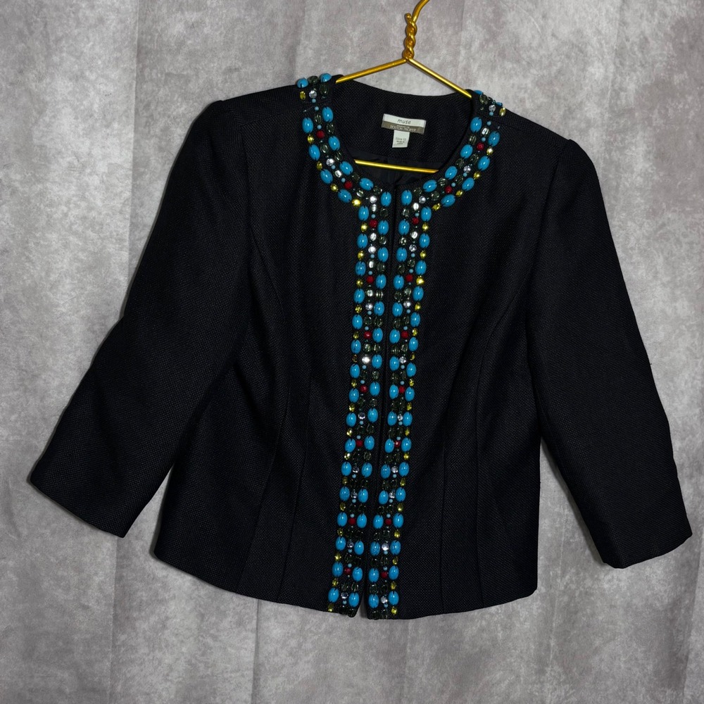 Muse Boston Proper Embellished Turquoise Beaded Blazer Womens 12 Black Boho Chic